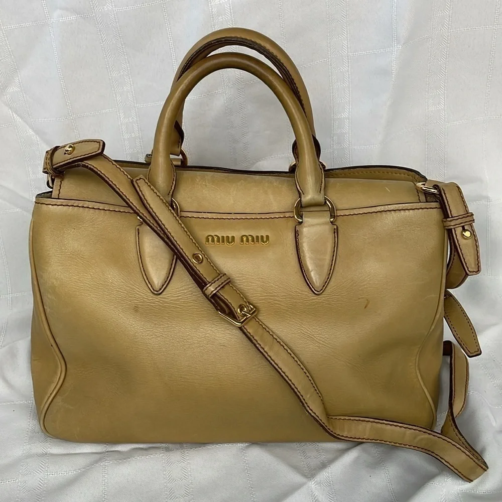 Miu Miu Vitello Leather Flap 2 Way Handbag Satchel Beige